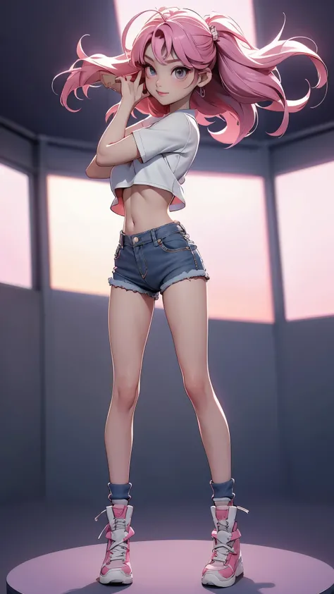 Mini Sakura, (sakura), girl alone, ray tracing, Style 3D, 3dmm, ((3 poses per photo)), (( 3 poses in each photo )), full body,(Front view),(back vision), (view on the left), shorts very short jeans at the waist, show flat belly, (((3 poses per photo))),(ve...