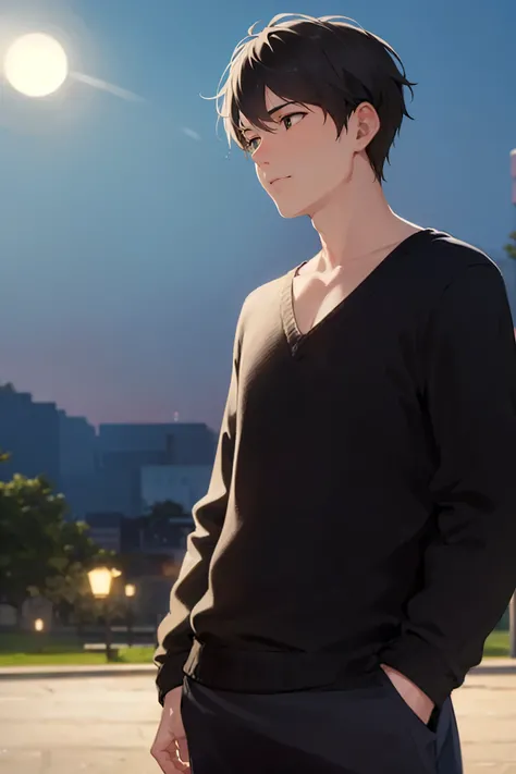 (at night:1.5), side angle, (looking away:1.5), masterpiece, best quality, Japanese manga style, cowboy shot, standing, (25 year old male: 1.5) and (short brown hair) and (green eyes), BREAK (balck) and (V-neck cable knit sweater) BREAK surpried, in the pa...