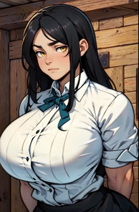 tavern keeper tavern keeper tavern keeper tavern keeper empty eyes embarrassed black hair yellow eyes long hair pale skin huge muscles big breasts solo