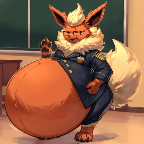 4k ultra quality, 4k half body view,ultra high detailed body,feral (flareon),enormous body,(small head), (hyper belly:1.5), (round belly:1.2),bloated belly,side view,by Zackary911,drawn in the style of Akira Toriyama, animated in the style of Toei animatio...