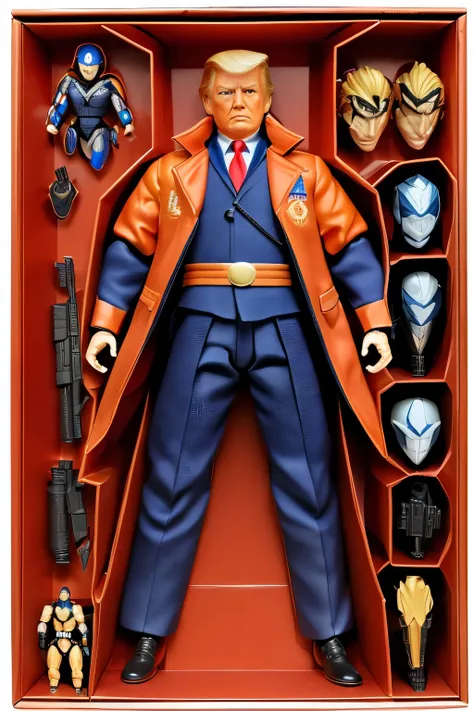 (Dutch angle:1.3), (Action Figure Quiron Style), Alone, Donald Trump: Donald Trumpの訴訟, Make America Great Again, Box Art,  action figure box , arms, not human, (Reference Sheet:1.4), in a suit, concept art, Dress-up doll, 