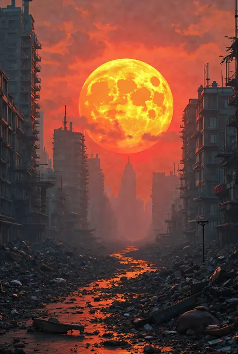 A contaminated apocalyptic city fills buildings full of rubble with a big orange sun on the horizon