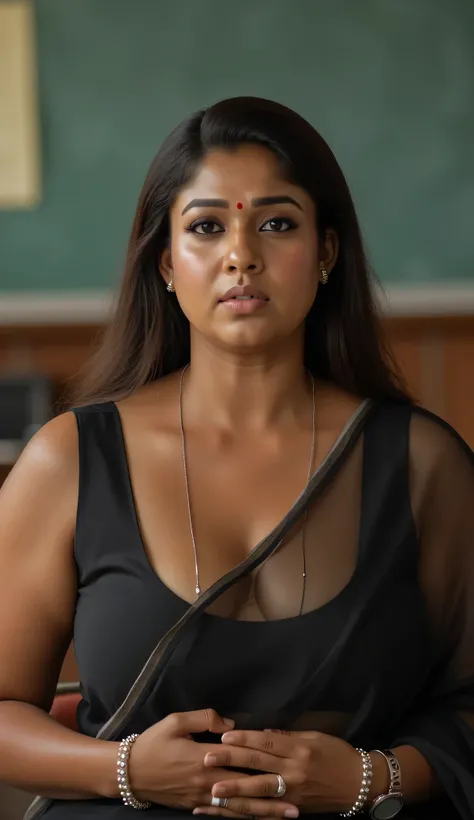 Frontview,Full body image, hourglass body, Indian plus sized Indian teacher syamala, suductive expression on face, very huge breasts, suductively biting on her lower lip by herself, transperent silk saree and deep neck light black colour sleeveless blouse,...