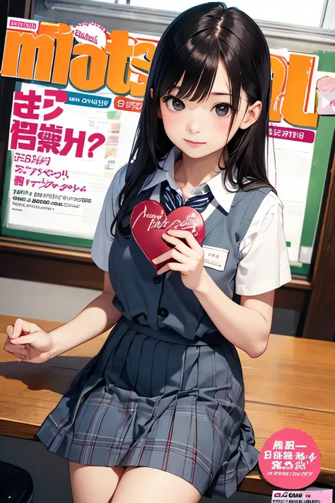 masterpiece,girl,Age 15,petites,pale skin, bangs,magazine cover,school uniform、Valentine chocolate