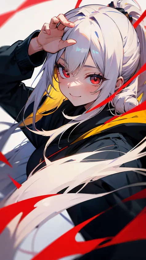 (TOP QUALITY、masterpiece、down to the details)  anime girl with long white hair、 yellow hair、ponytail、stupid hair、 red eyes、upper body closeup、smile、Wear a black hoodie over a white shirt