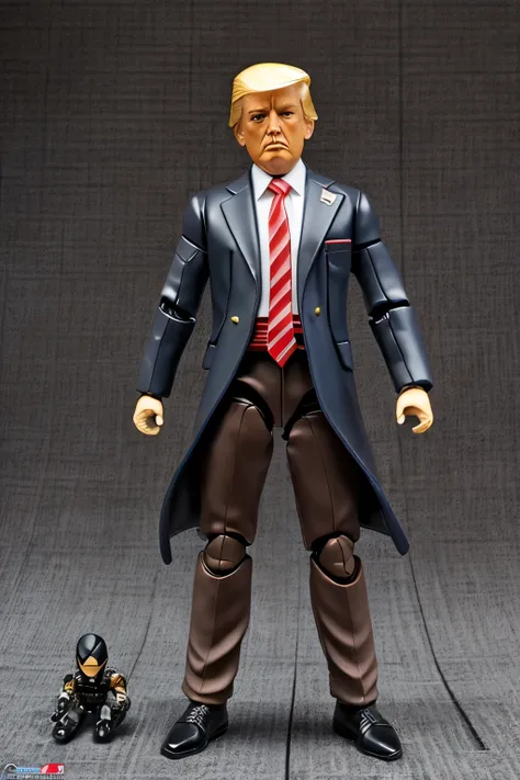 (Dutch angle:1.3), (Action Figure Quiron Style), Alone, Donald Trump: Donald Trumpの訴訟, Make America Great Again, Box Art, Action Figure Box, arms, not human, (Reference Sheet:1.4), in a suit, concept art, Dress-up doll, 