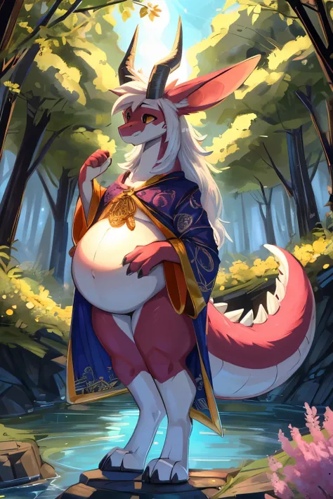 4k ultfigurelity, (4k full body view:1.0),ultra high detailed body,feral dragon,(cute face:1.3),pink fur,golden eyes,white belly fur,white hair,long hair,enormous body,(small head:1.3),round belly,side view,by Zackary911,drawn in the style of Akira Toriyam...