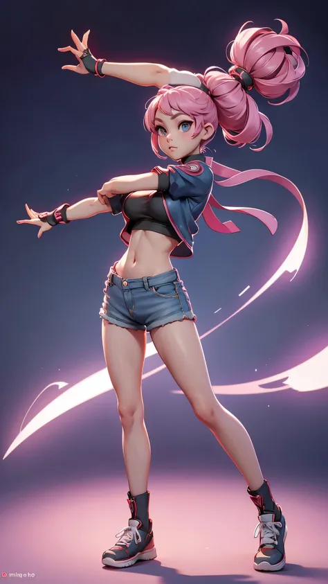 Mini Sakura, (sakura), girl alone, ray tracing, Style 3D, 3dmm, ((3 poses per photo)), (( 3 poses in each photo )), full body,(Front view),(back vision), (view on the left), shorts very short jeans at the waist, show flat belly, (((3 poses per photo))),(ve...