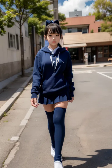 (((navy blue knee-high socks))),ponytail, red hoodie,denim pleated mini skirt, elementary school student,