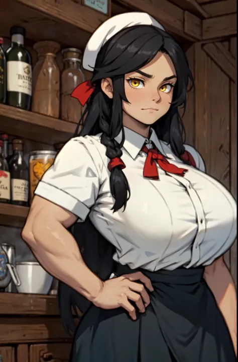 tavern keeper tavern keeper tavern keeper tavern keeper empty eyes embarrassed black hair yellow eyes long hair pale skin huge muscles big breasts solo