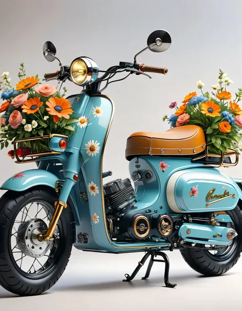 A retro electric motorcycle loaded with flowers, High-quality artworks created by master artists, best quality, Detailed Details