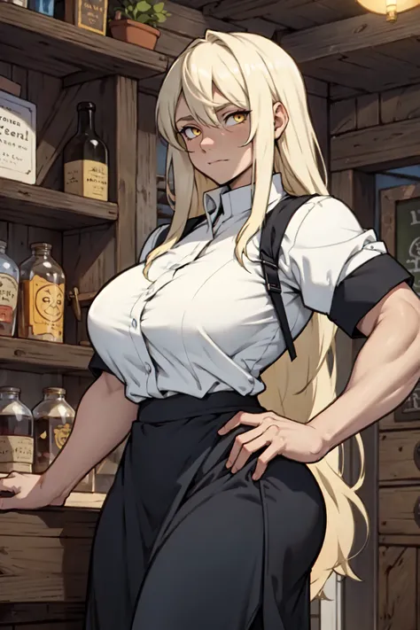 tavern keeper tavern keeper tavern keeper tavern keeper empty eyes embarrassed black hair yellow eyes long hair pale skin huge muscles big breasts solo