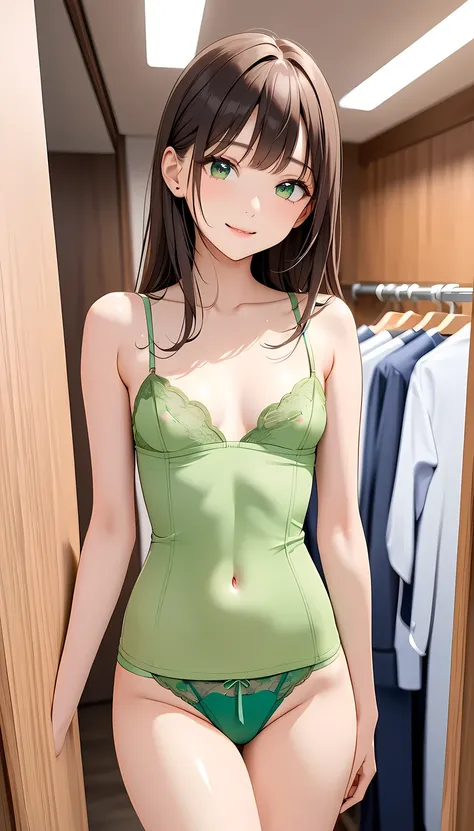 高いquality illustration,  Masterpiece,  very delicate and beautiful ,  charming girl,( Green camisole 、Green underwear),thin, slender body, slim、 dressing room background , princess,  beautiful eyes,smile、 embarrassing、( Masterpiece,  top quality:1.2),  hig...