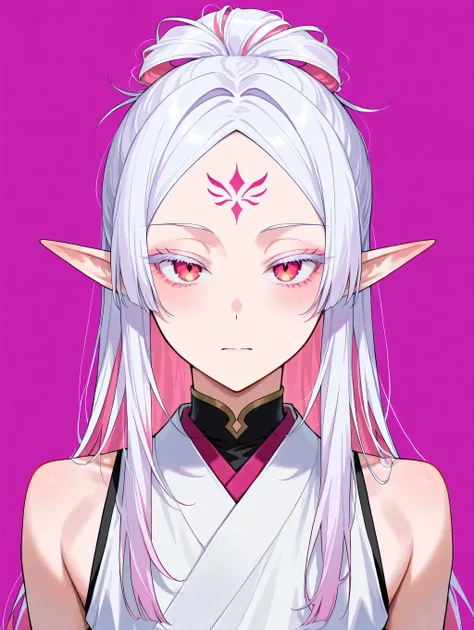 score_9, score_8_up, score_7_up, score_6_up, solo, 1boy, safe, long pointy ears, androgynous, long hair, updo, pink hair, white hair, colored inner hair, double parted bangs, low tied hair, elf, looking at viewer, colored eyelashes, pink marking, forehead ...