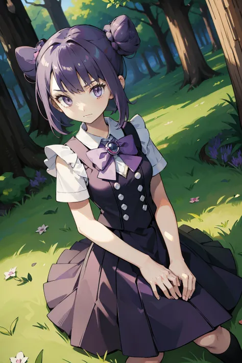 cute girl, psychic, pokemon trainer, gothic clothes, shy expression, purple eyes, lavender hair, short hair, hair buns