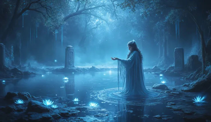 A stunning digital illustration in the style of Syd Mead, depicting a mystical lake bathed in spectral mist, its waters reflecting an eerie glow. Engraved Celtic stones mark the lake’s edge, while luminous white lilies drift across the water. The Lady of ...