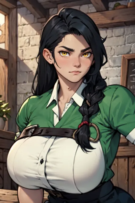 tavern keeper tavern keeper tavern keeper tavern keeper empty eyes embarrassed black hair yellow eyes long hair pale skin huge muscles big breasts solo