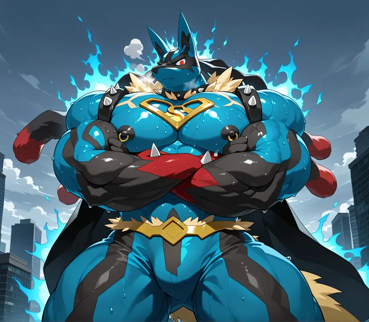 kemono, by null-ghost, by zixiong, solo, male, tail, Mega Lucario, anthro, black nipples, big nipples, gold nipple rings, sweaty, handsome, broad shoulders, broad chest, huge muscular, posing, thick neck, thick arms, taking a deep breath, glowing blue aura...