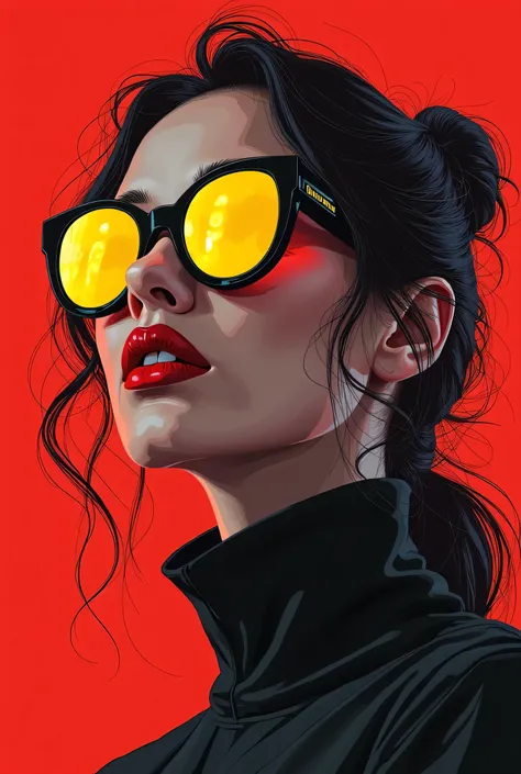 a woman with sunglasses on and a red background, martin ansin artwork portrait, in style of digital illustration, detailed illustration portrait, epic portrait illustration, high quality portrait, extremely high quality artwork, futuristic yellow lens, gir...