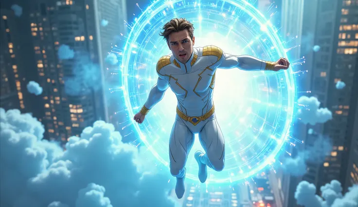 “Action Scene. Full-body. The body is flying in the air gracefully, surrounded by sky-blue smoke and sky-blue energy from a teleportation portal. A 25-year-old olive-toned white male superhero wears a skin-tight white outfit with gold metal details and inc...