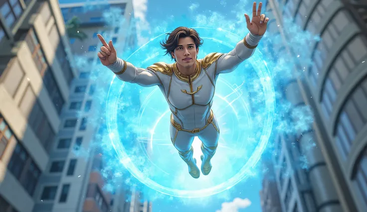 “Action Scene. Full-body. The body is flying in the air gracefully, surrounded by sky-blue smoke and sky-blue energy from a teleportation portal. A 25-year-old olive-toned white male superhero wears a skin-tight white outfit with gold metal details and inc...