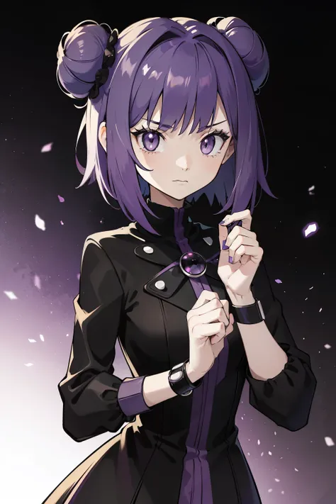 goth girl, psychic, pokemon trainer, goth clothes, shy expression, purple eyes, lavender hair, short hair, hair buns