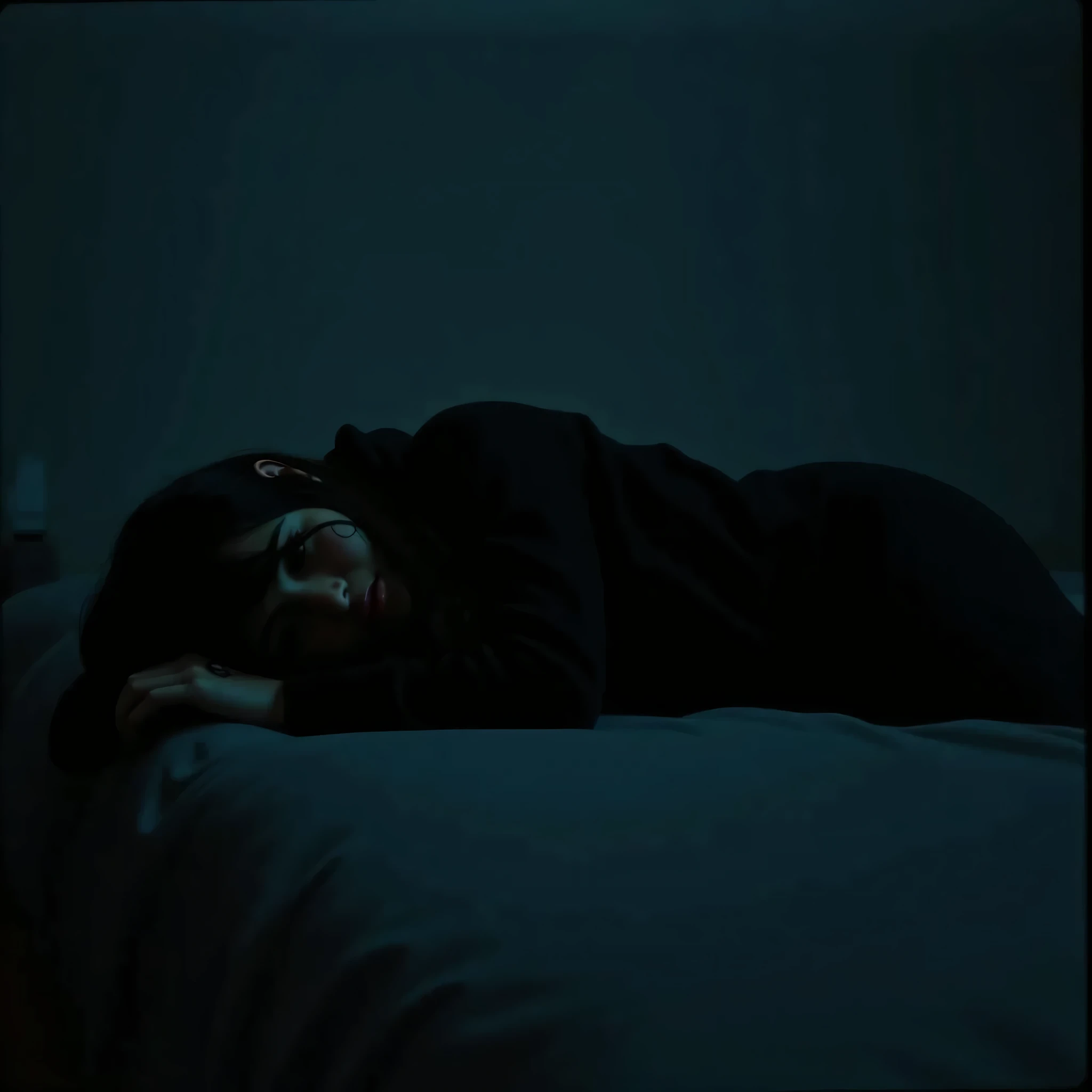 Sad girl with black long hair, black hoodie and black pants lying sideways on the bed in a dark room