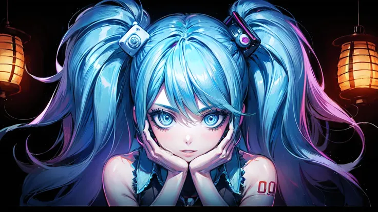 1 girl,  Hatsune Miku,  vocaloid,  blue eyes,  Lantern,  long hair,  Long Sleeve, watch viewers,  tie, sleeveless, sleeveless シャツ, twin tails、close-up
