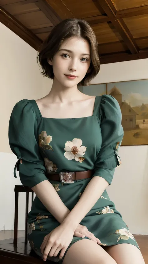 361 (20 year old female),(short hair), ( High Definition Photos ), (gentle smile sitting on the prop), (colorful floral dress), (Leonardo da Vinci Paintings)