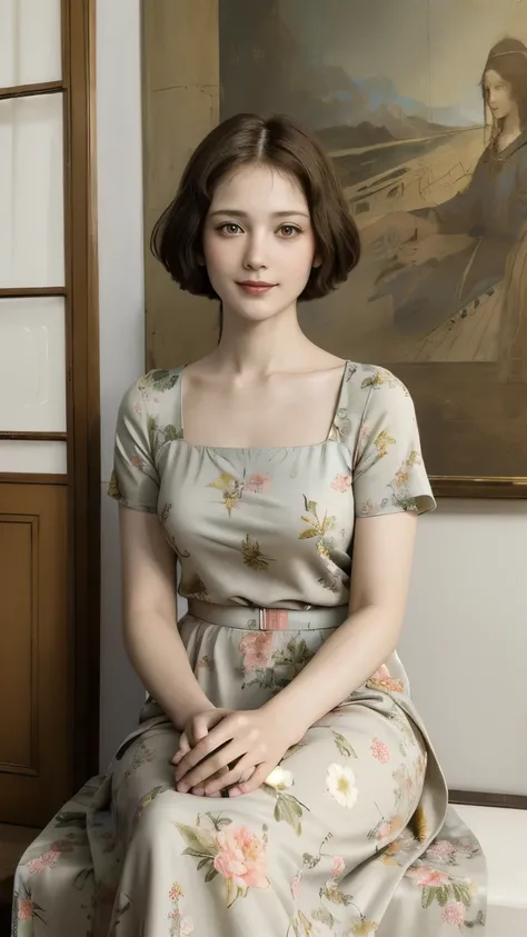 361 (20 year old female),(short hair), ( High Definition Photos ), (gentle smile sitting on the prop), (colorful floral dress), (Leonardo da Vinci Paintings)