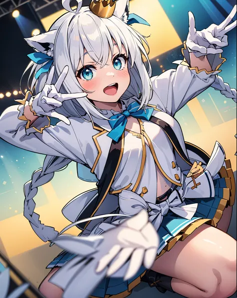 1girl, solo, concert, stage, (stage lights, colorful background), dutch angle, v, peace sign, fubukiidol, hololive idol uniform, layered skirt, white gloves, mini crown, blue bowtie, bow, twin braids, ahoge, open mouth 