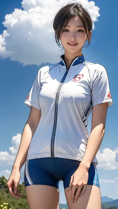  (girl, ,  Same Height  :1.2) , masterpiece，Mountain Biking，Cycling enthusiasts，beautiful girl，Professional clothing， Blue Sky and White Clouds ，8k,  Japanese girl ,  (Smile:0.7), Smile,   extremely short hair  , cameltoe, ( high color saturation :1.0),  (...