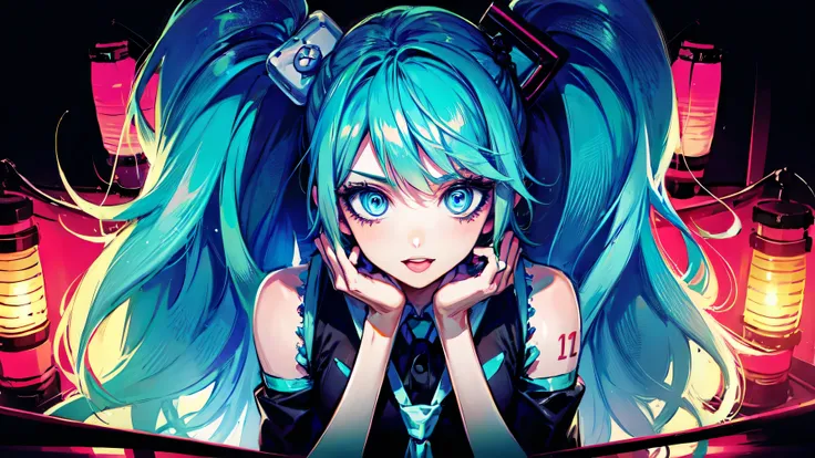 1 girl, Hatsune Miku, vocaloid, blue eyes, Lantern, long hair, Long Sleeve, watch viewers, tie, sleeveless, sleeveless シャツ, twin tail、close-up