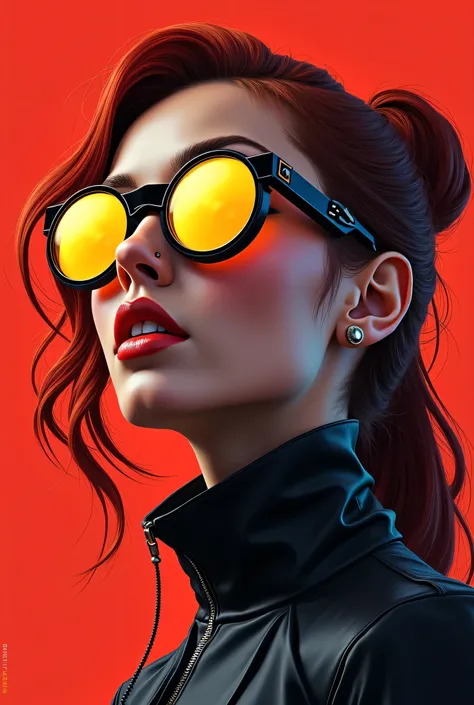 "A woman with sunglasses on and a red background, with vibrant red hair, in a futuristic style, smart and cool appearance, wearing yellow futuristic lenses. The artwork is in the style of digital illustration, detailed and epic portrait illustration, high ...