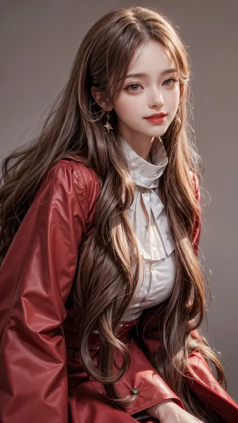 Girl wearing, luxury red coat, shoulder length hair, wavy hair, glowing skin, star in eye, red lips, grey  background, cute poses , cute girl, smiling, long coat