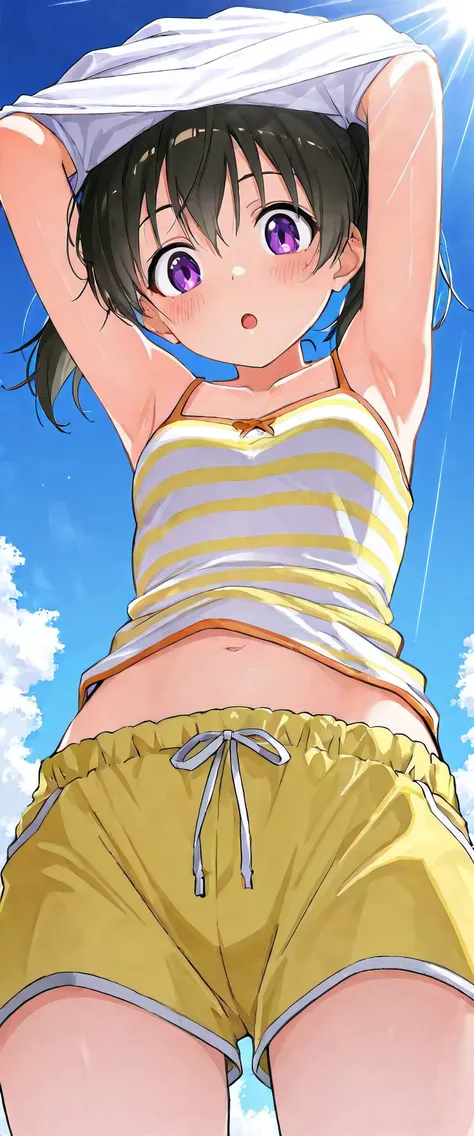 score_9, score_8_up, score_7_up, best quality, masterpiece, source_anime BREAK
1girl, kuraue hinata, solo, black hair, purple eyes, armpits, undressing, twintails, short hair, arms up, open mouth, blush, camisole, looking at viewer, from below, brown short...