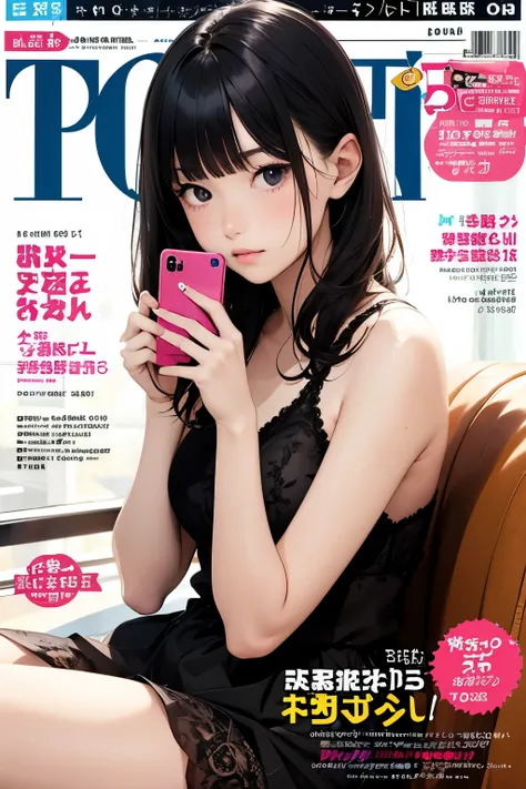 masterpiece,girl,Age 15,petites,pale skin, bangs,magazinecover,smartphone