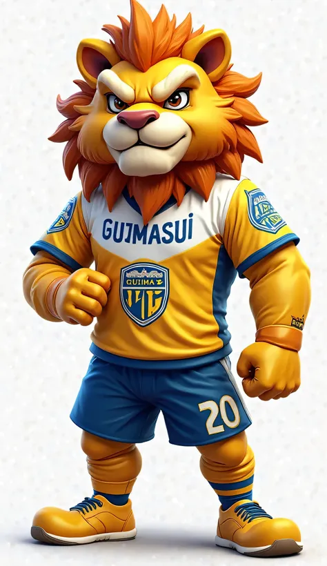 A mascot with an angry face and a lion's face wearing a game uniform in the colors gold and white, blue and gold shorts half blue and the name Guimassu on the shirt and a shield with the name Guimassu 2025 