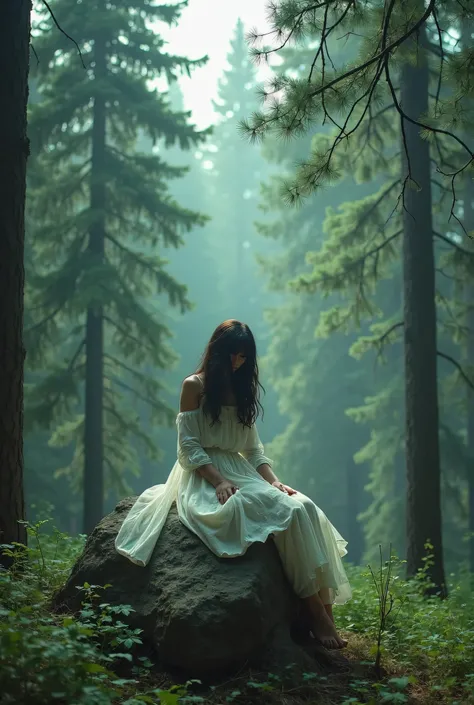 Photograph of a pine forest with a girl in a white dress sitting on a rock in the middle of the forest but without showing her face and causing intrigue 