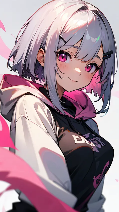 (TOP QUALITY、masterpiece、down to the details)  anime girl with long white hair、I bundled my short silver bob hair with a hair clip、pink eyes、upper body closeup、smile、Wear a black hoodie over a white shirt