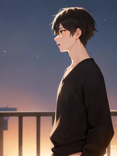 (at night:1.5), side angle, (looking away:1.5), masterpiece, best quality, Japanese manga style, upper body, walking, (25 year old male: 1.5) and (short brown hair) and (green eyes), BREAK (balck) and (V-neck cable knit sweater) BREAK sirious, open mouth, ...