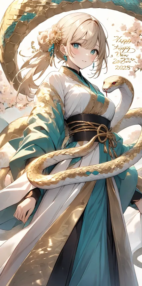  close-up of a golden turquoise snake ， it circles around itself ,  bright colors evoke prosperity and good luck. Next to the snake ,  a young girl ,, white as porcelain , eyes as bright as sapphires , standing confidently in front of a white background . ...