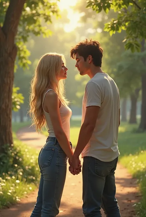 A Caucasian female  with dirty blonde hair and a Caucasian male with dark hair at park holding hands 