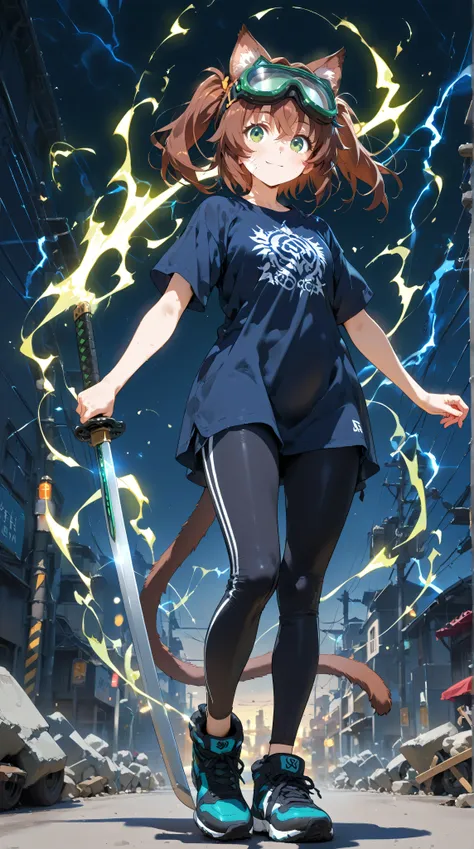 ((1 female:1.2))、 (1000 swords stick in the background:1.3)、(Little Sword Girl with a sense of dynamism:1.43)、Scenery of a ruined city、 HDR animation    , Face Zoom,Cat ears、  goggles, (Full body shot from 45 degrees oblique above:1.1)、(the moment you feel...