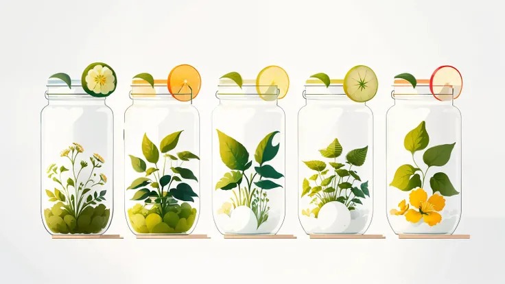  is colorful, white background, Graphic illustration,danish design, 4 flat illustrations, ui/ux，glass jars filled with flowering plants, Highly Detailed,  digital art,   super realistic 