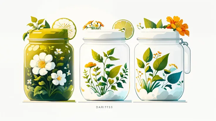  is colorful, white background, Graphic illustration,danish design, 4 flat illustrations, ui/ux，glass jars filled with flowering plants, Highly Detailed,  digital art,   super realistic 