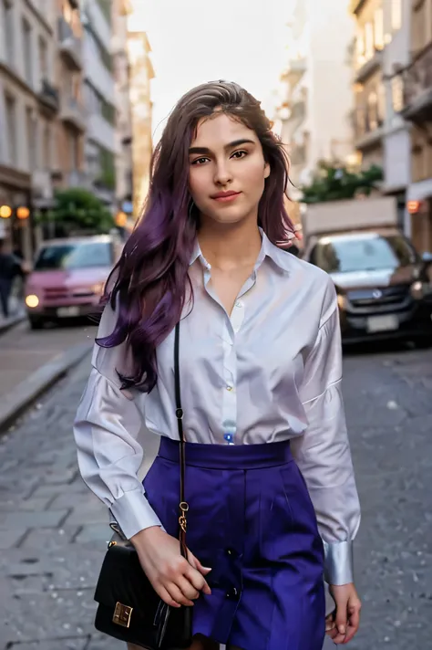 RAW photo, a wide shot of a 21 year old woman wearing elegant and chic work attire . She has long, vibrant hair (like a rose, blue or purple),  fair skin, slender body, (()) e olhos azuis marcantes. She is captured in a full-body shot,  standing, trusting,...