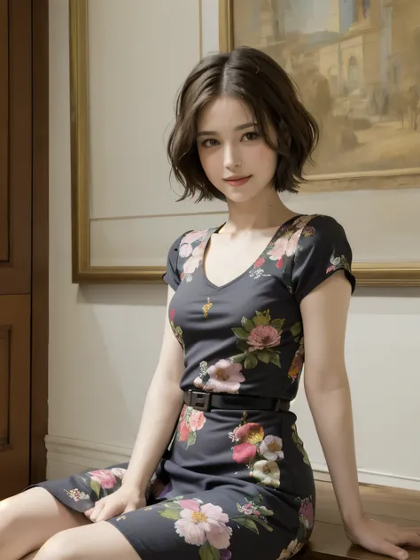 361 (20 year old female),(short hair), ( High Definition Photos ), (gentle smile sitting on the prop), (colorful floral dress), (Leonardo da Vinci Paintings)