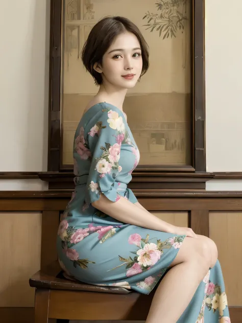 361 (20 year old female),(short hair), ( High Definition Photos ), (gentle smile sitting on the prop), (colorful floral dress), (Leonardo da Vinci Paintings)