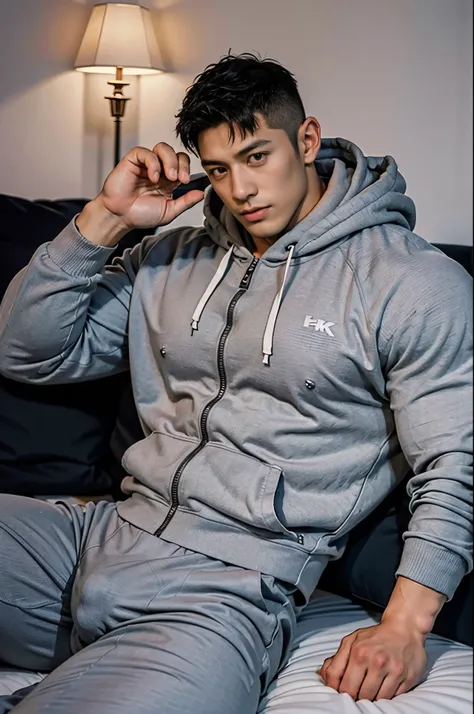 Full body photo, top view, looking at camera, whole body shot, laying on the bed,

an Asian man(korean,vietnamese,chinese,Japanese), 30 years old, Handsome and elegant, beardless, sexy , Masculine and handsome，musculous，Muscles look good，hairy bodies, with...